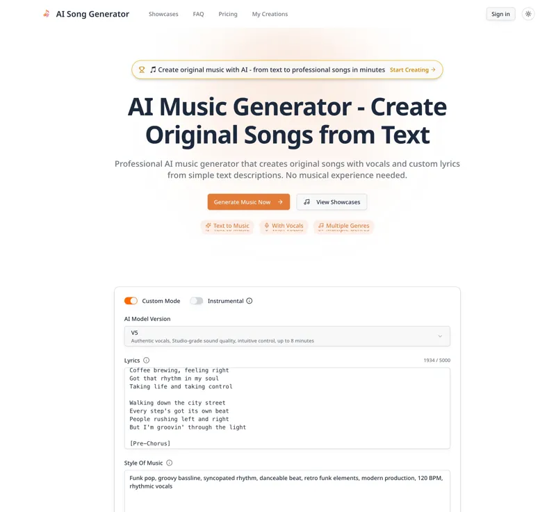 Screenshot of AI Music Generator - Create Songs from Text with AI
