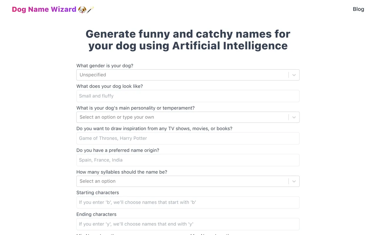 Screenshot of Dog Name Wizard