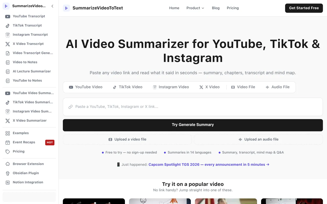 Screenshot of SummarizeVideoToText