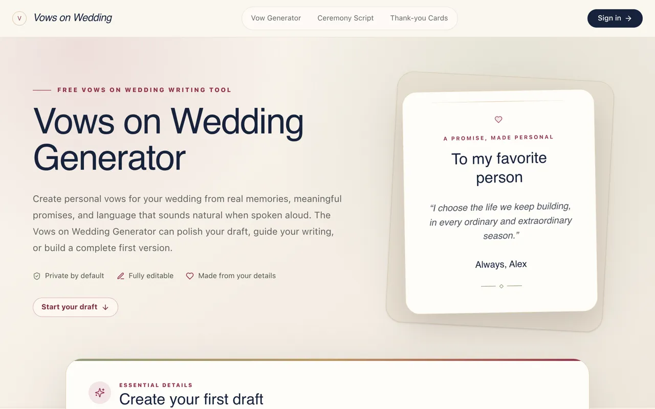 Screenshot of Vows on Wedding Generator