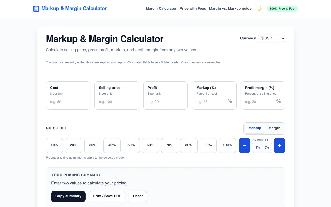 Screenshot of Markup & Margin Calculator