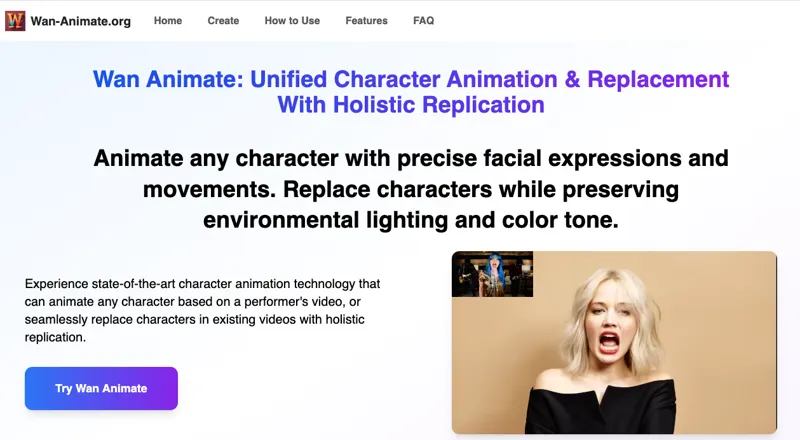 Screenshot of Wan Animate | AI Character Animation Tool