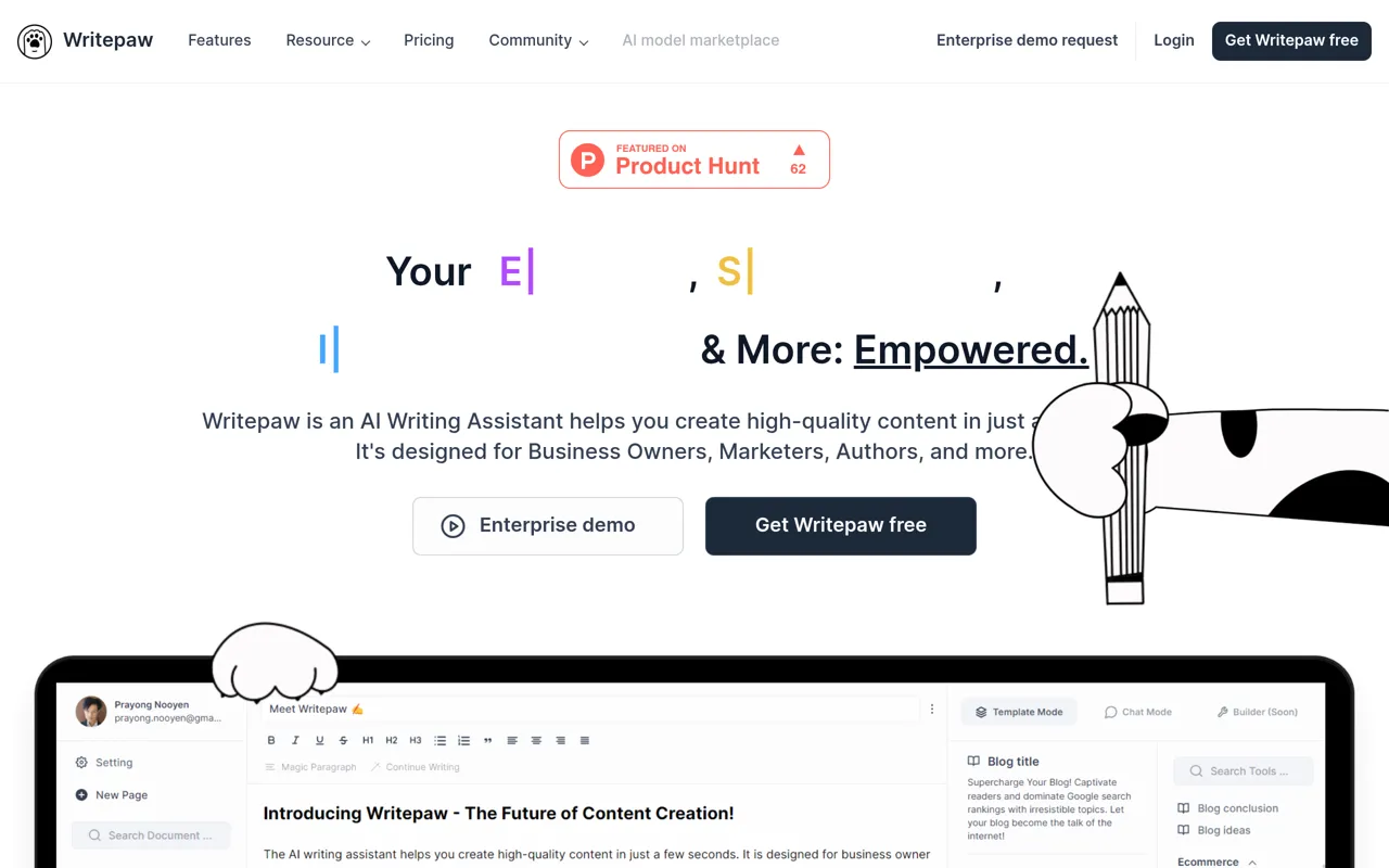 Screenshot of Writepaw