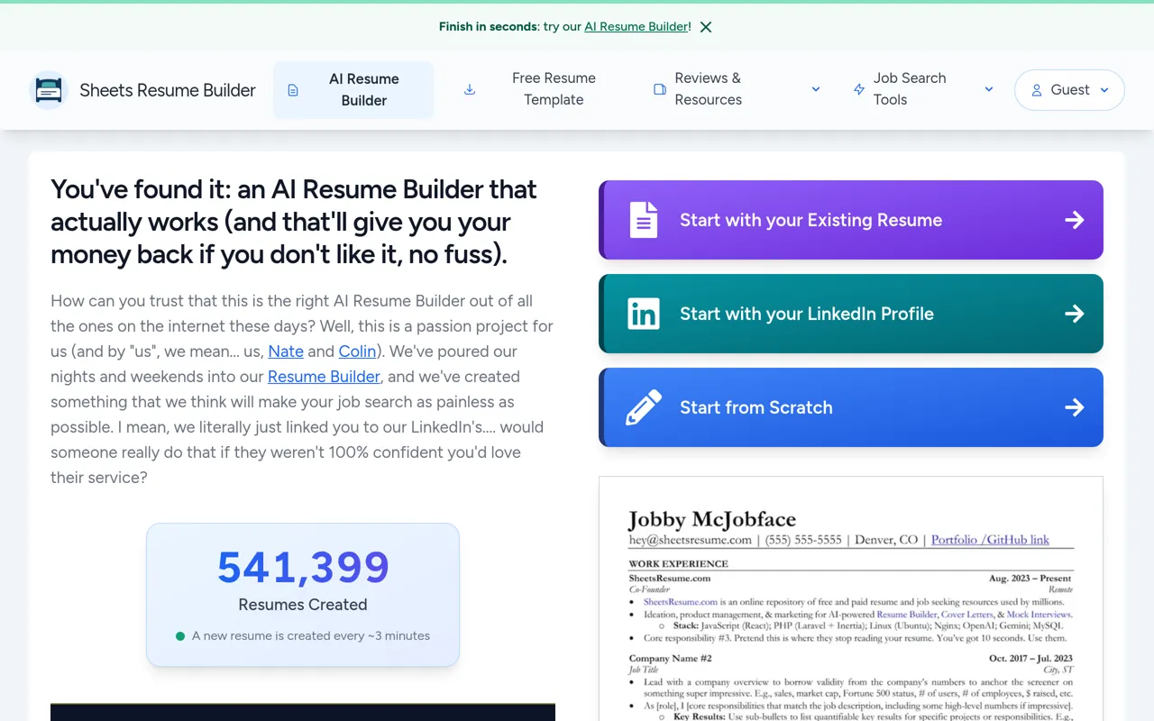 Screenshot of Sheets Resume Builder