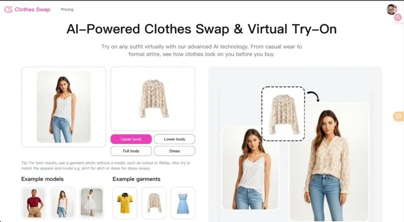 Screenshot of clothes swap ai