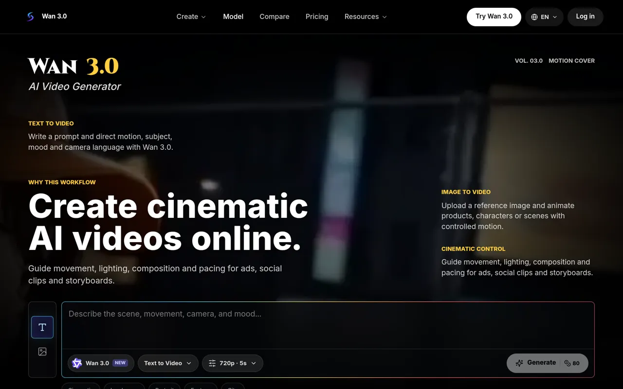Screenshot of Wan 3.0 AI Video Generator