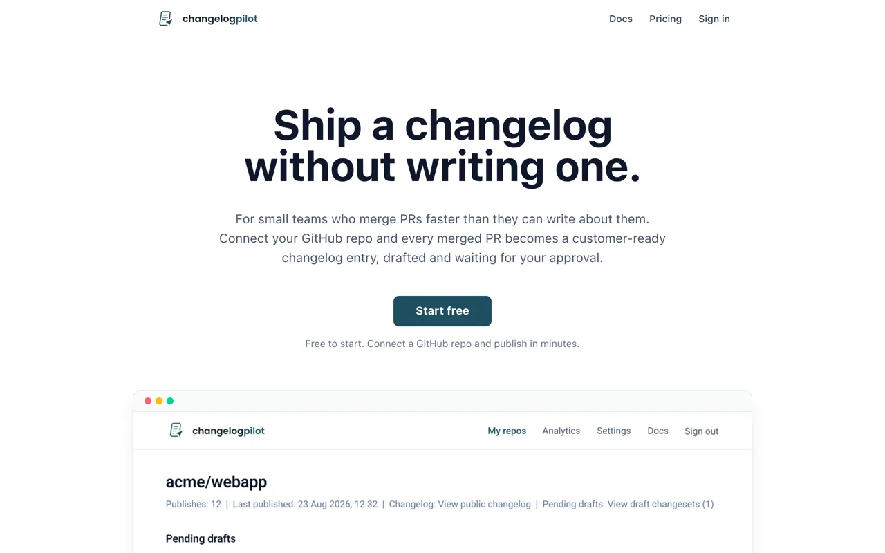 Screenshot of ChangelogPilot