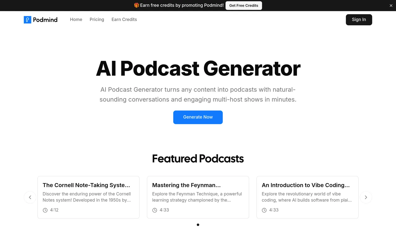 Screenshot of PodMind AI Podcast Generator