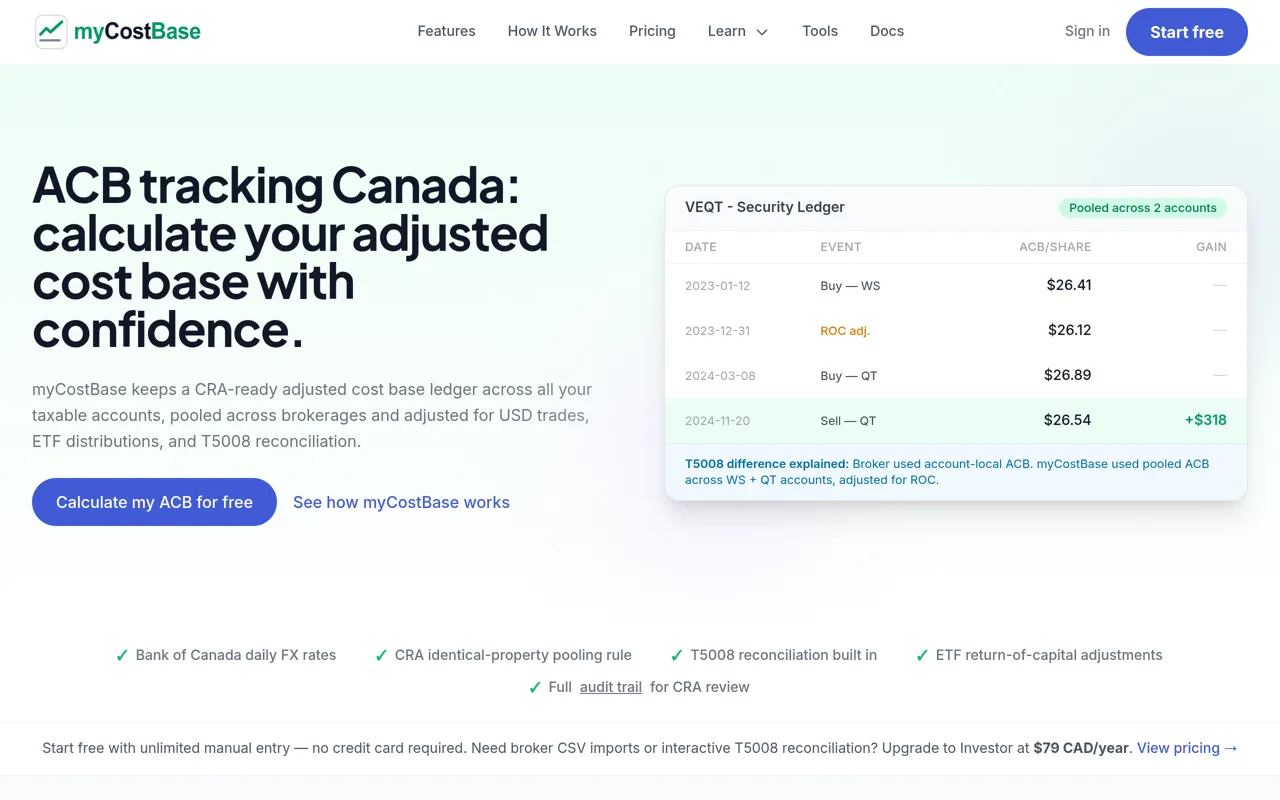 Screenshot of myCostBase