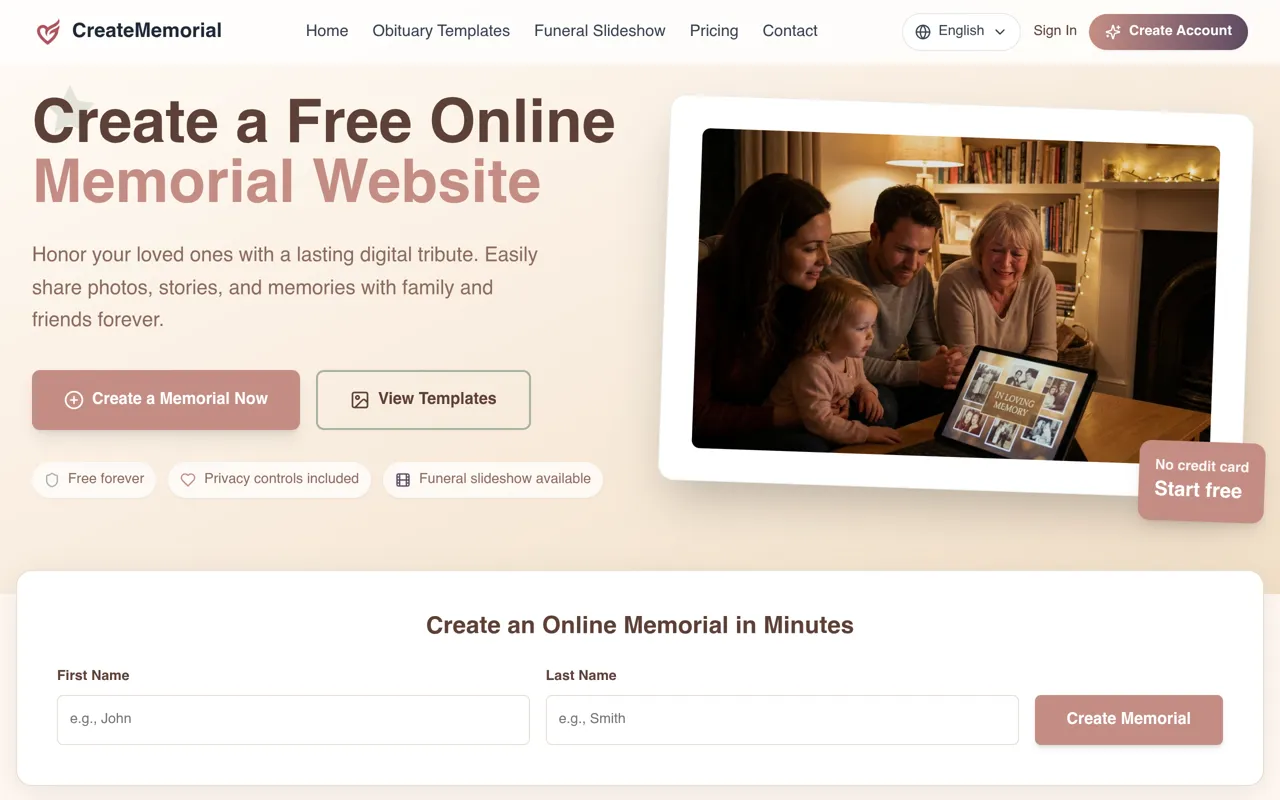 Screenshot of CreateMemorial