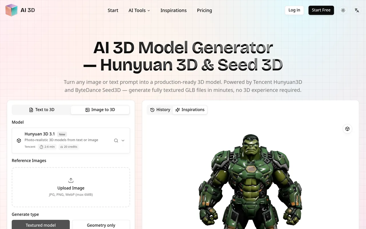 Screenshot of AI 3D Model Generator (Hunyuan 3D & Seed 3D)