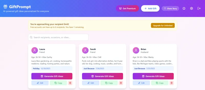 Screenshot of GiftPrompt