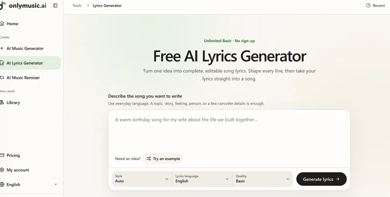 Screenshot of OnlyMusic AI Lyrics Generator