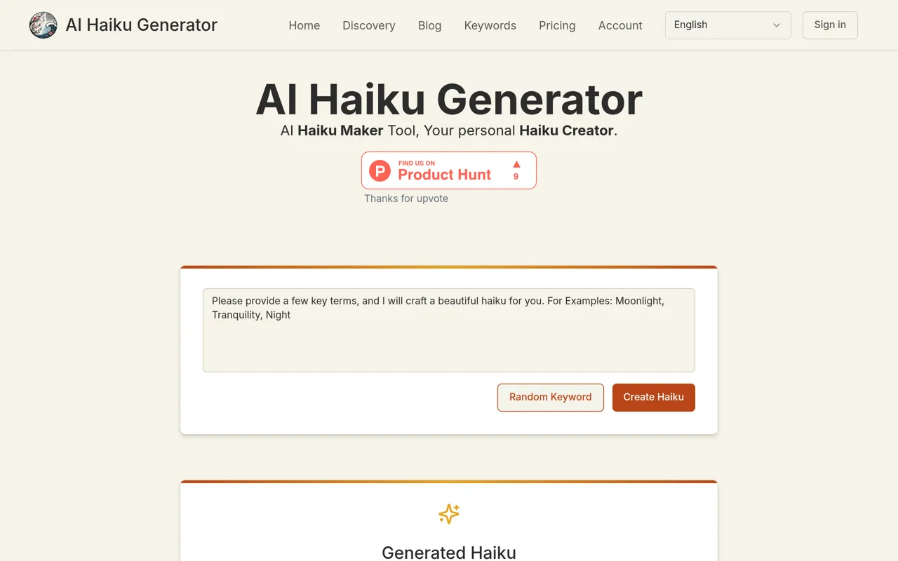 Screenshot of AI Haiku Generator