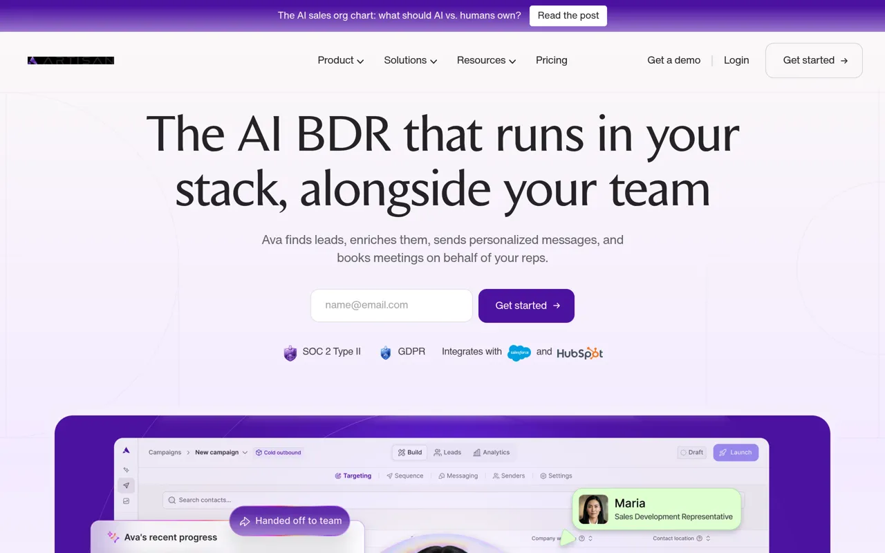 Screenshot of Artisan Ava - AI BDR