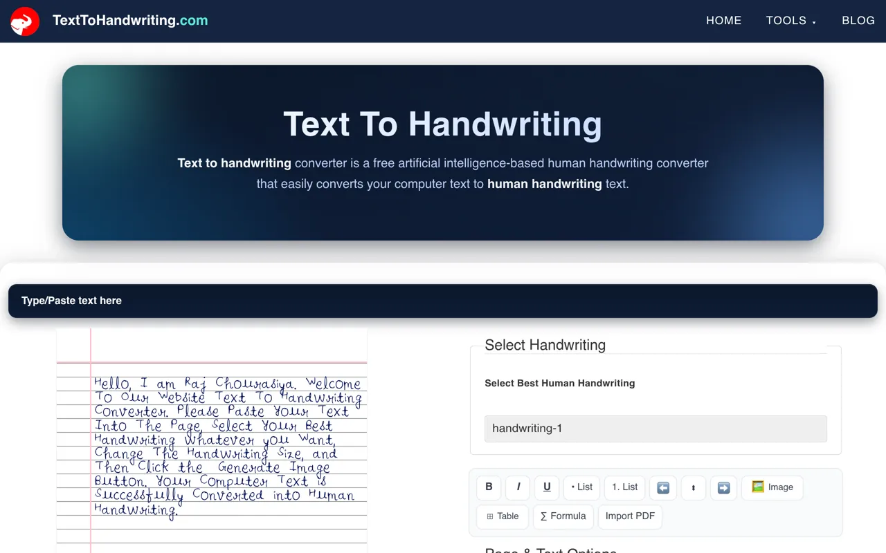 Screenshot of Text To Handwriting Converter