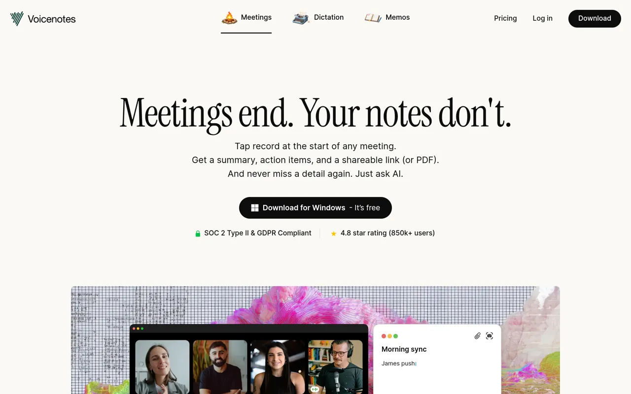 Screenshot of Voicenotes Meetings