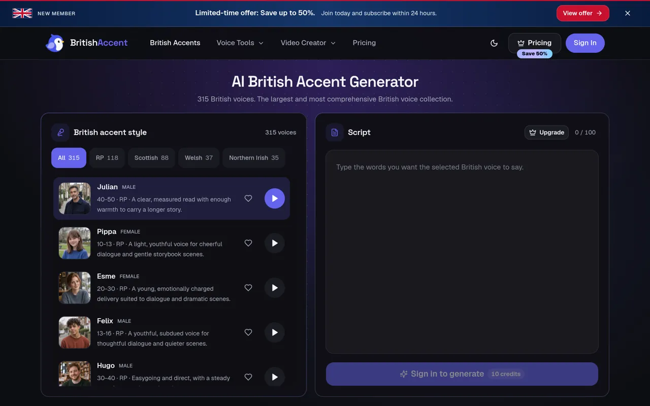 Screenshot of British Accent Generator