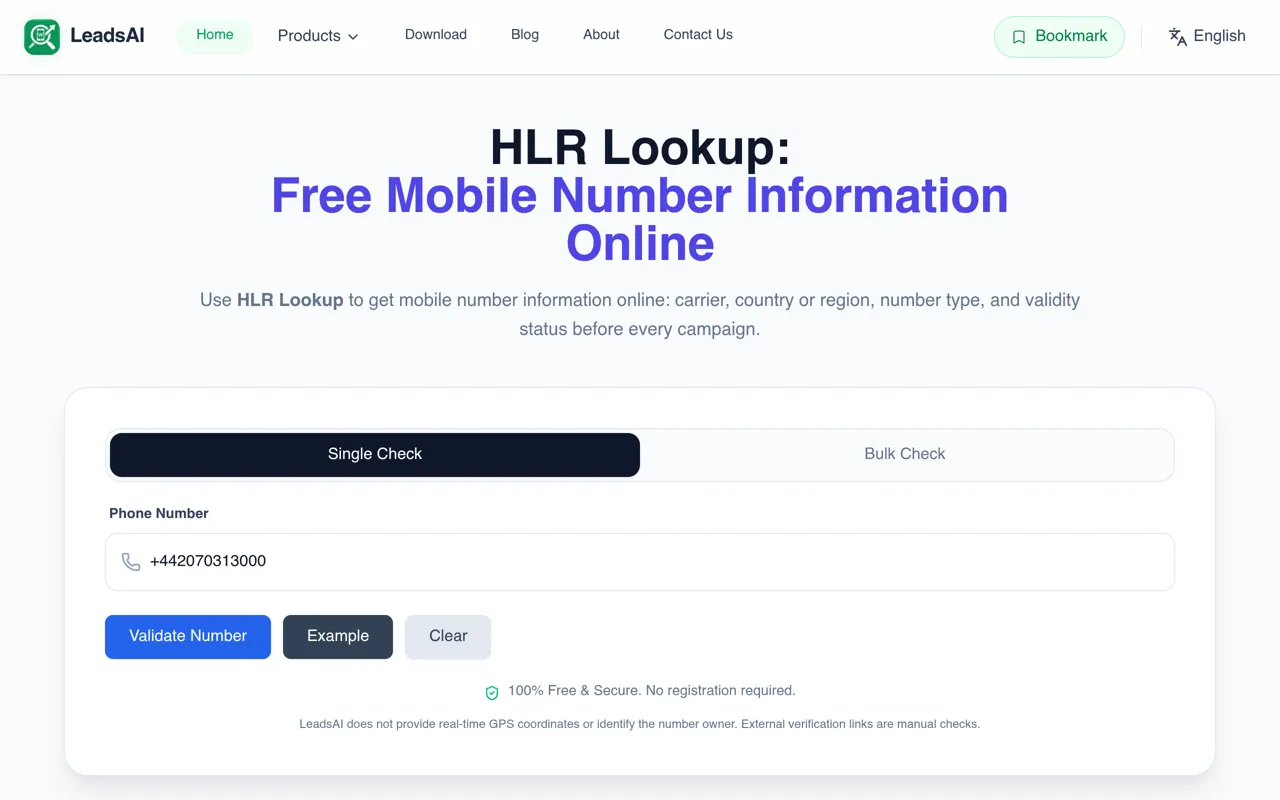 Screenshot of LeadsAI HLR Lookup